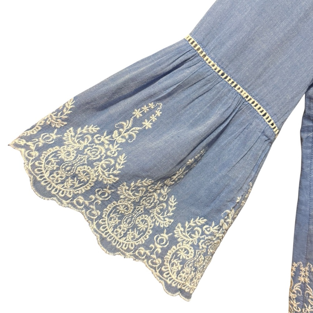 Sundance Lace Blue & White Liliana Embroidered‎ Blouse Top Bell Sleeves Sz L - Picture 8 of 14